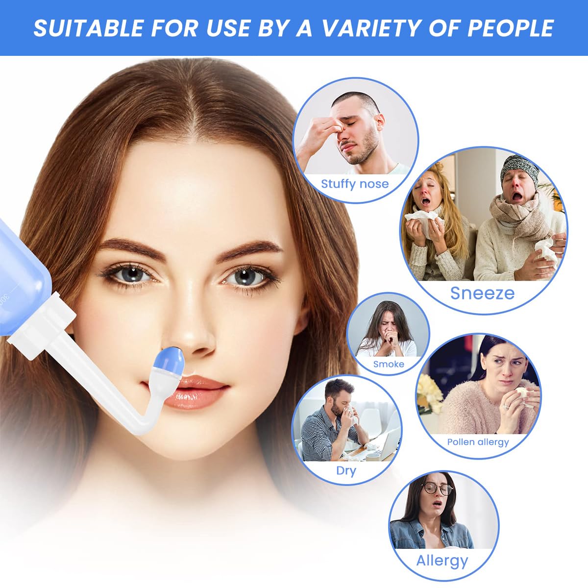 HANNEA Nasal Rinser Kit for Sinus & Allergy Relief, With 30 Packs Nasal Wash Saline(2.7g/per pack) 300ml Reusable Nasal Rinser Kettle, Relieve Nasal Discomfort, Suits for Daily Use, with 2 Rinse Tips