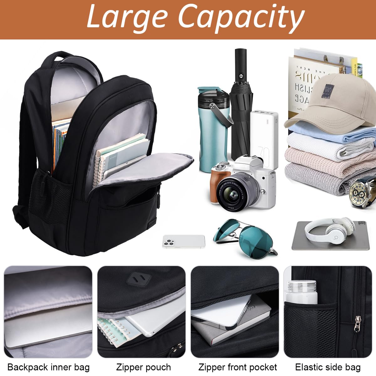 GUSTAVE Large Backpack Multi Compartment Travel Backpack Black Waterproof Oxford Cloth Business Backpack Padded Shoulder Strap Design Laptop Backpack Casual Backpack for School, Travel, 34x17.5x50cm