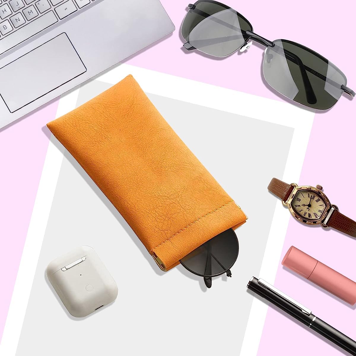 MAYCREATE 4 Pack Sunglasses Case Squeeze Top PU Leather Glasses Case, Multi-purpose Anti-scratch Travel Small Pouch Coin Purse for Storing Jewelries, Cosmetic, Headphones, etc