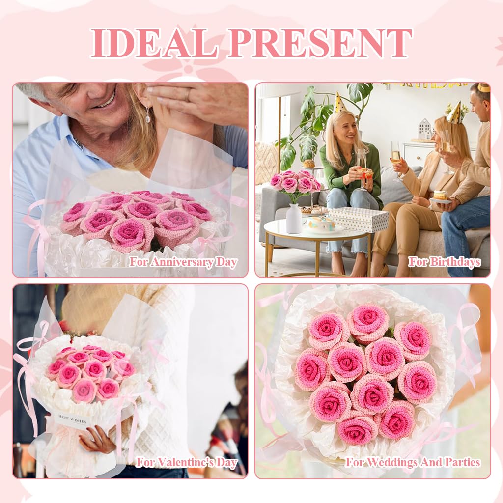 HASTHIP DIY Rose Bouquet Crochet Material Kit Gradient Pink Rose Bouquet Crochet Kit with Yarn, Crochet Hook, Stitch Marks, Step By Step Tutorial, DIY Crochet Art Kit Christmas Birthday Gift