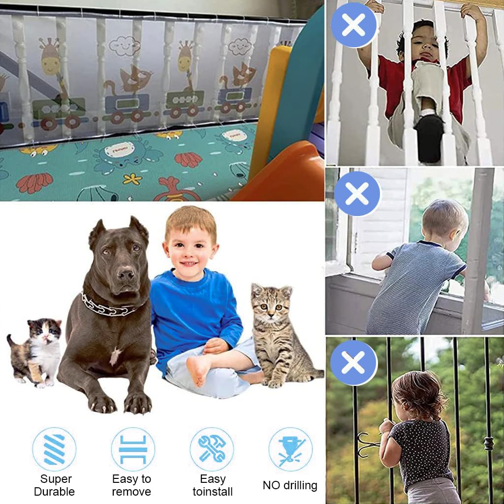 SNOWIE SOFT Baby Safety Net Banister Guards Stairway Rail Net Thicken Polyester 14.7 ft Long 31 Inches High Stairway Baby Guards with 55 Nylon Zip Ties Ropes Safety Net for Stairway, Balcony