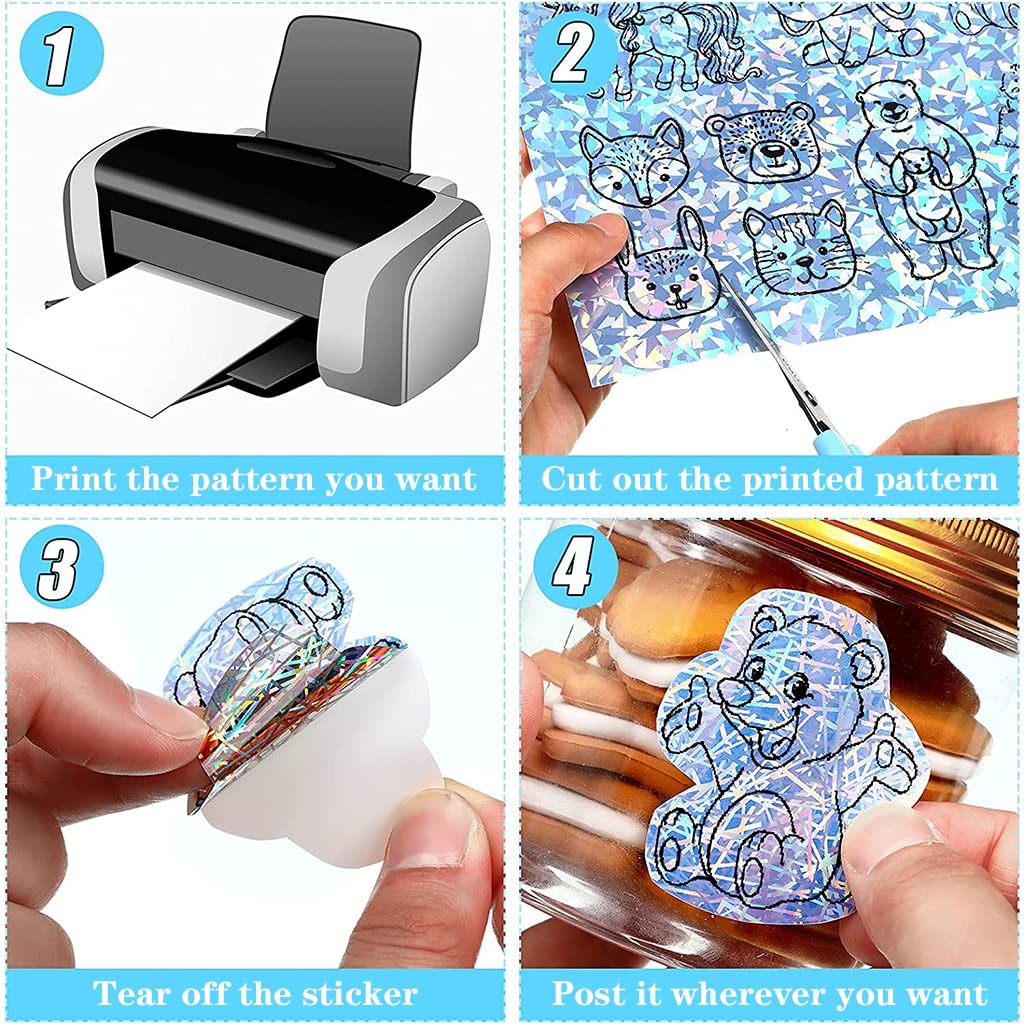 HASTHIP Holographic Sheet Self Adhesive Vinyl Sticker Photo Paper, Printable Laser Printing Paper A4 Waterproof Strong Foil Adhesive Backed Holo Vinyl for Inkjet Laser Printer -20 Sheets