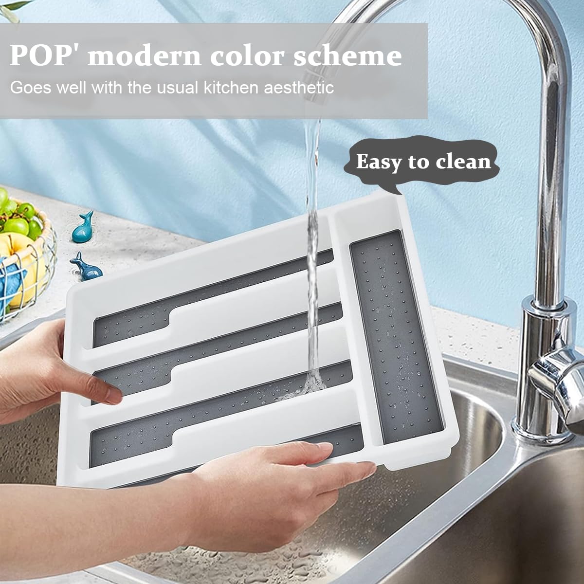HASTHIP Plastic Cutlery Tray for Kitchen Drawer Silverware Organizer with Non-slip TPR 5 Separate Compartments for Utensils Organization White, Sturdy and BPA-Free