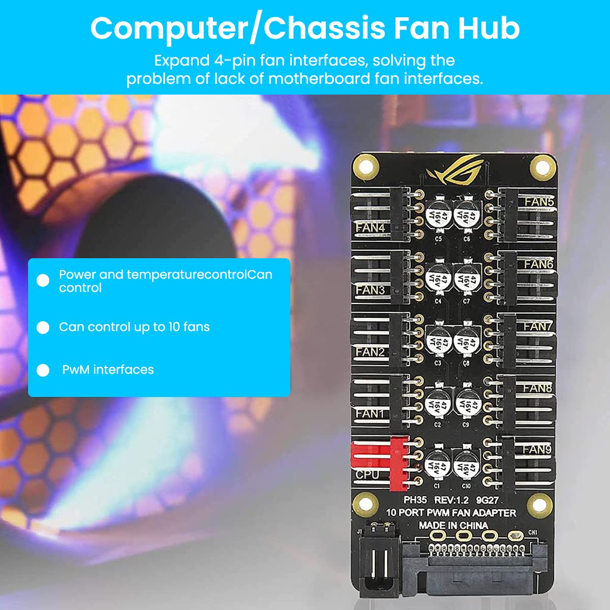 Verilux PC PWM Fan Hub CPU Cooling HUB 10 Port 12V 4 Pin Fan PWM Hub Molex Controller Fan Hub Splitter, 4-Pin PWM Fan Power Supply Extension Cable for ATX Computer Case 4-Pin and 3-Pin Cooling Fans