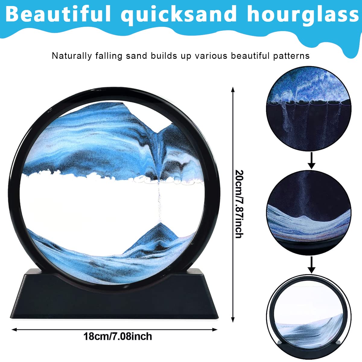 HASTHIP Moving Sand Art Picture Glass Liquid Painting, 3D Deep Sea Sandscape in Motion Display Flowing Sand Frame, Kid's Large Desktop Sand Art Toys, Relaxing Home and Office Decorations, Blue