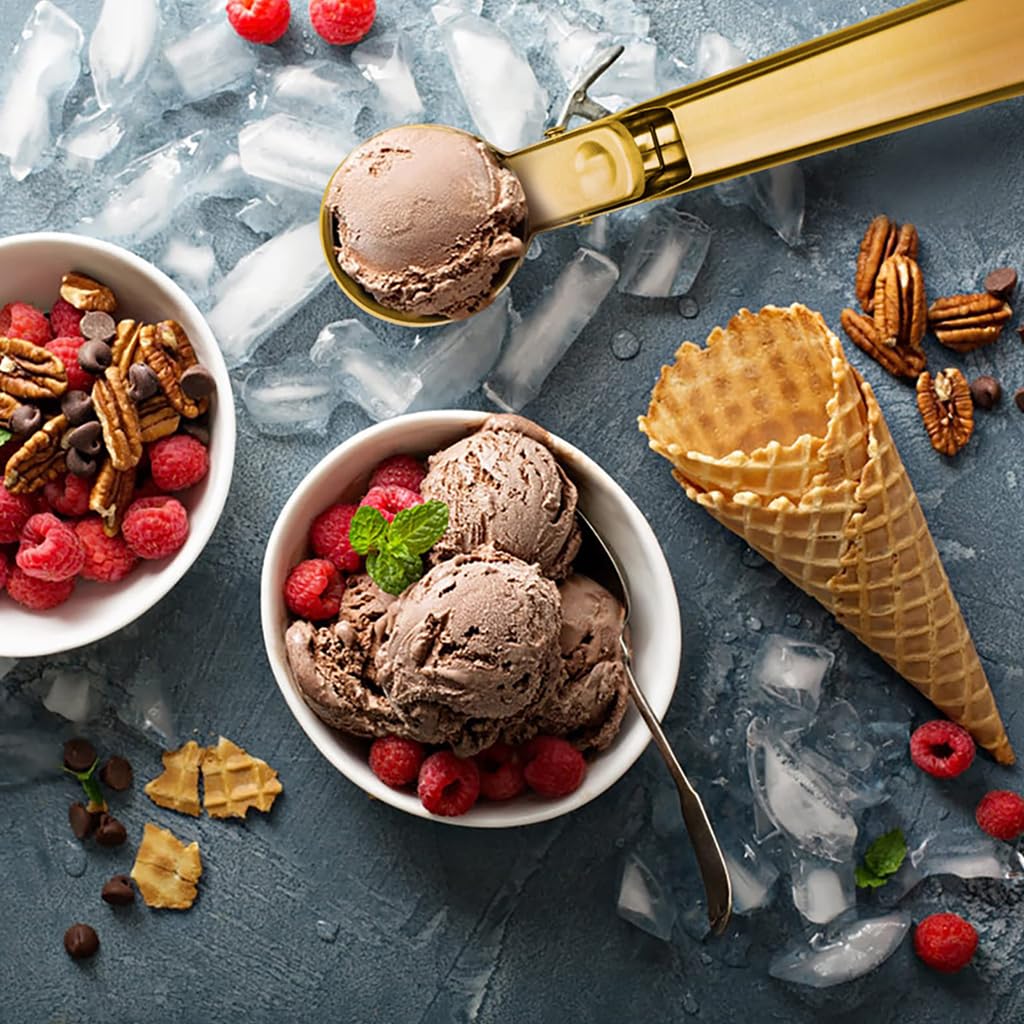 HASTHIP Kitchen Scoop Ice Cream Scoop with Trigger-Release Lever 7 inches Golden Stainless Steel Ice Cream Scoop Dishwasher Safe Multipurpose Kitchen Scoop for Ice Cream, Fruit, Dessert