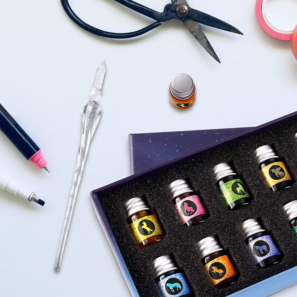 Climberty Glass Dip Pen Set, Calligraphy Pens and Ink Set - 12 Colors Ink, Crystal Glass Pen Set for Art, Writing, Drawing, Signatures, Gift for Kids and Artist