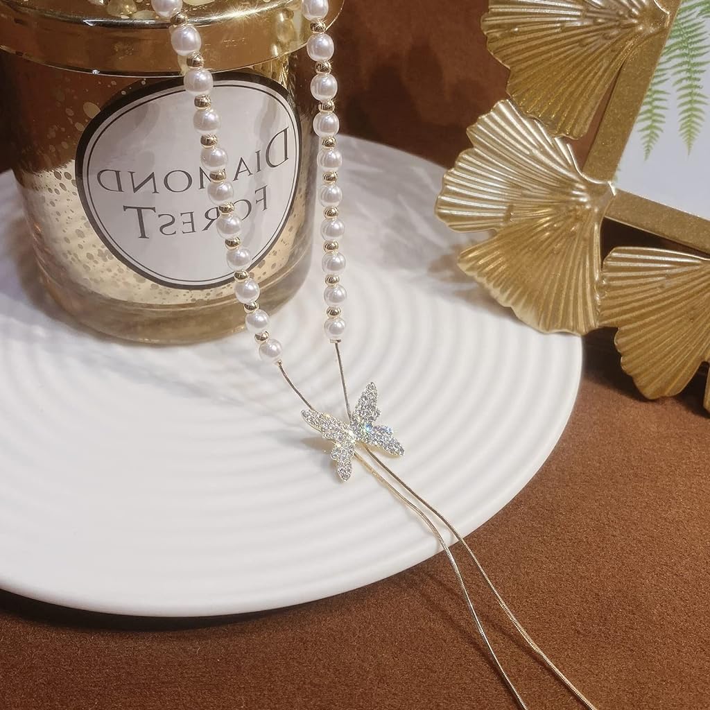 SANNIDHI Pearl Necklace for Women and Girls Clavicle Butterfly Necklace Stylish Trendy Adjustable Butterfly Pendant for Women Girls Simple Gold Plated Butterfly Necklaces Jewellery Gift for Women