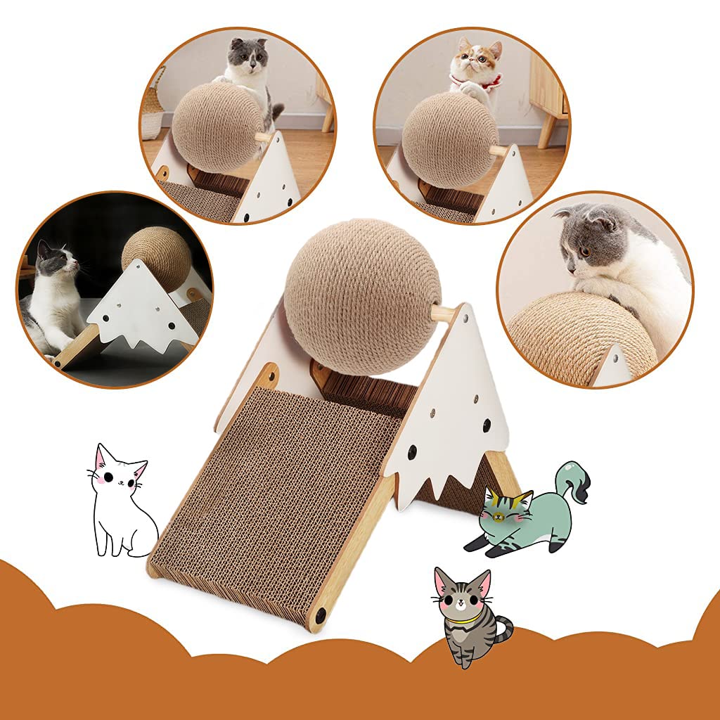 Qpets Cat Scratch Pad Cat Scratcher Toy Rack, Natural Sisal Ball Toy for Cat, Non-Slip Scratch Pad for Cats, Cat Ball Toy Scratcher for Indoor Cats and Kittens, No More Scratches on Sofa