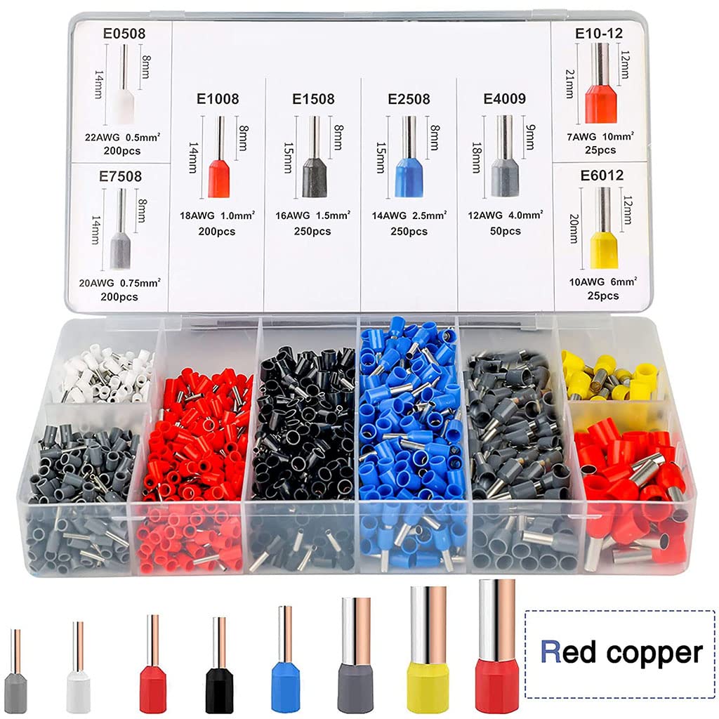 HASTHIP Ferrule Crimping Tool Kit,Self-Adjusting Square Wire Crimper Plier for AWG23-7 with 1200PCS Red Copper Wire End Terminals,Sleeves Ferrule Ratchet Wire Crimping Tool-Ferrule Crimper Kit
