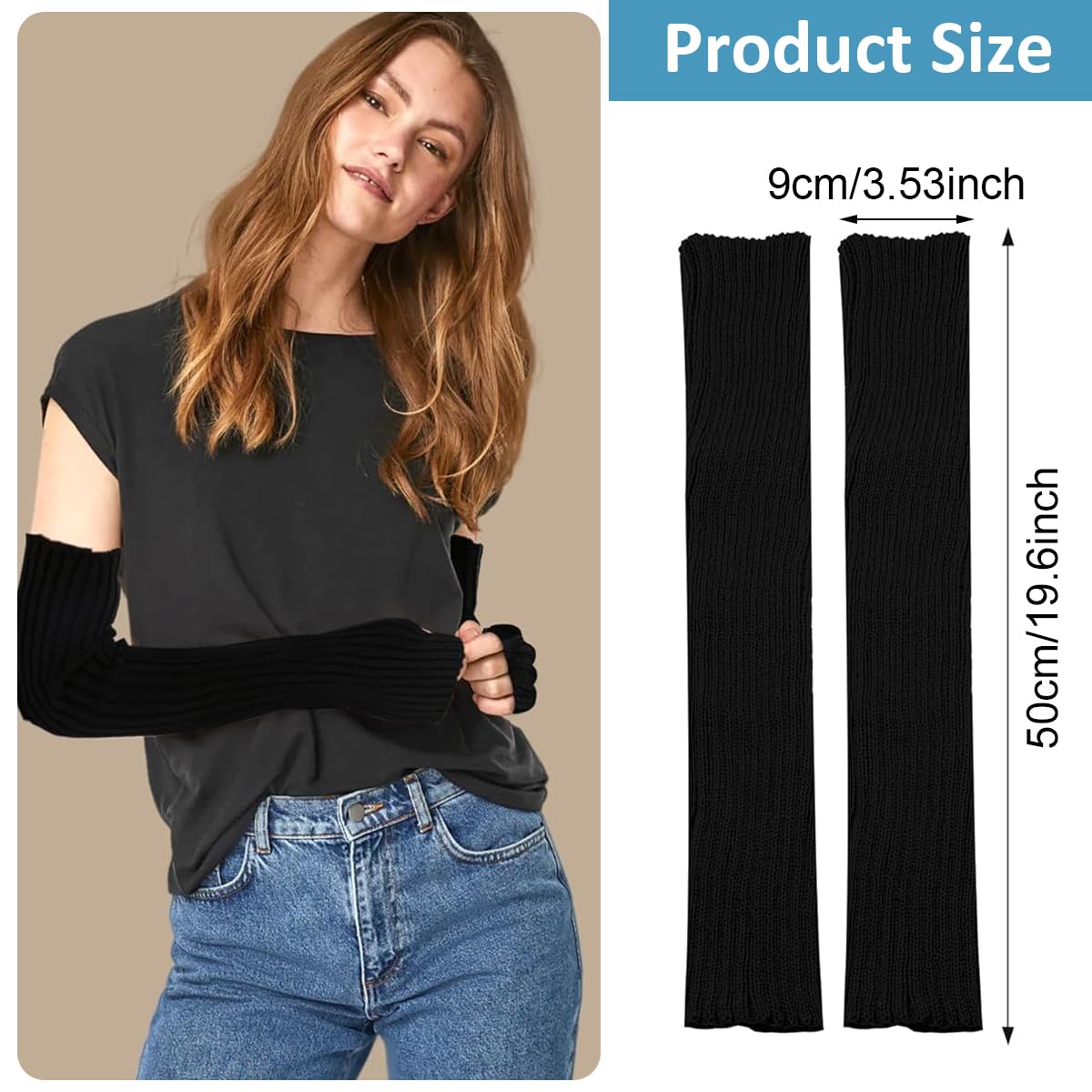 PALAY Arm Warmers for Women, Long Fingerless Gloves for Women, Winter Knitted Y2K Arm Sleeves Gloves for Teen Girls, Fashion Half Finger Hand Wrist Warmer for Daily, Party, Hip Hop (Black)