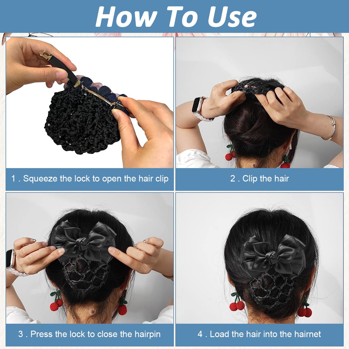 PALAY Hair Buns Clip, Bow Bun Nets Bun Maker for Hair, Lace Rose Hair Bun Accessories for Women, Spring Clip Snood Hair Net for Work or Daily, Dancer Nurse Hair Accessory