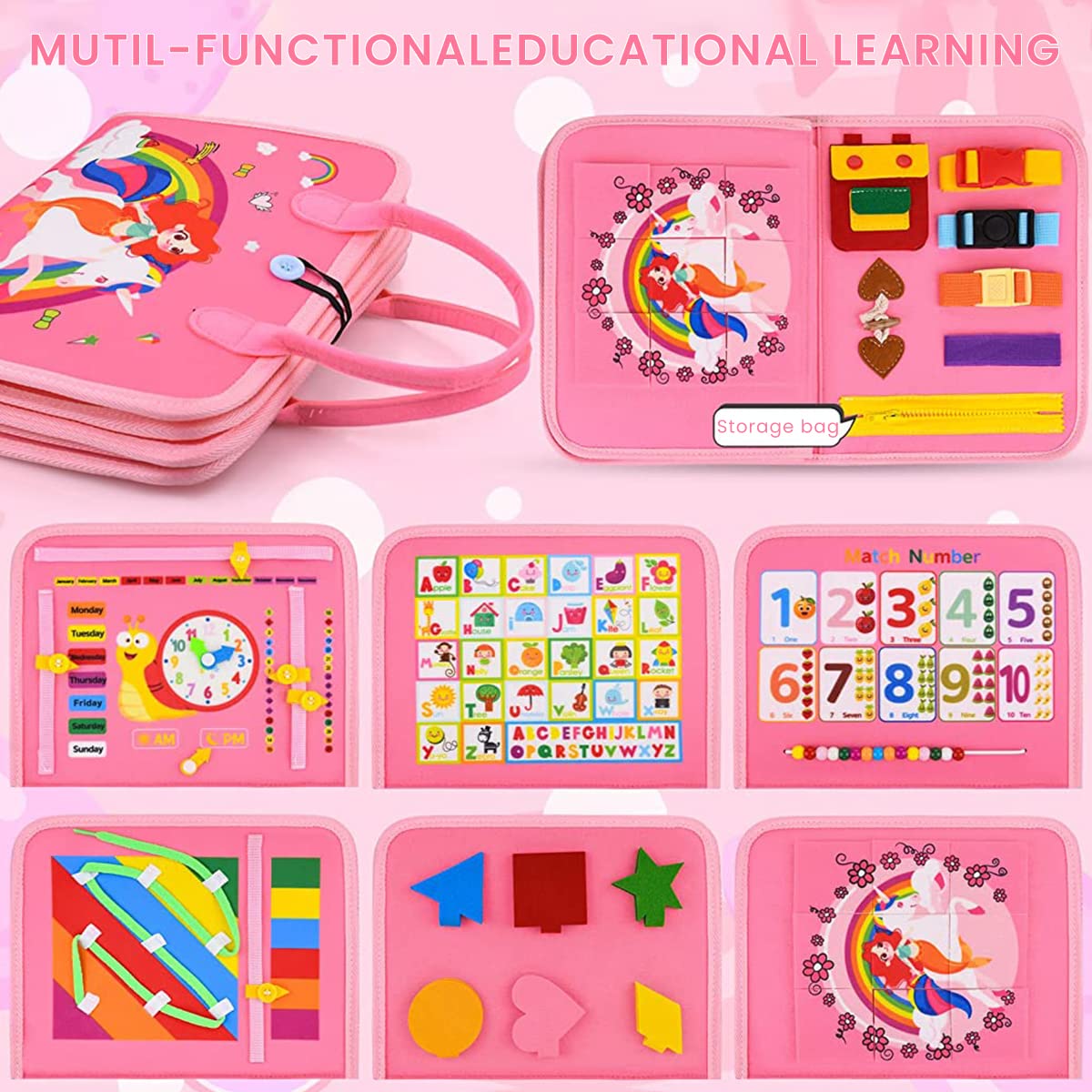 PATPAT Busy Board for Toddlers 2-4 Montessori Toys for Toddlers Preschool Life Skill Learning Toy Fine Motor Silll Learning Game Board, Rainbow Unicorn Travel Busy Board Toy Gift for Kids