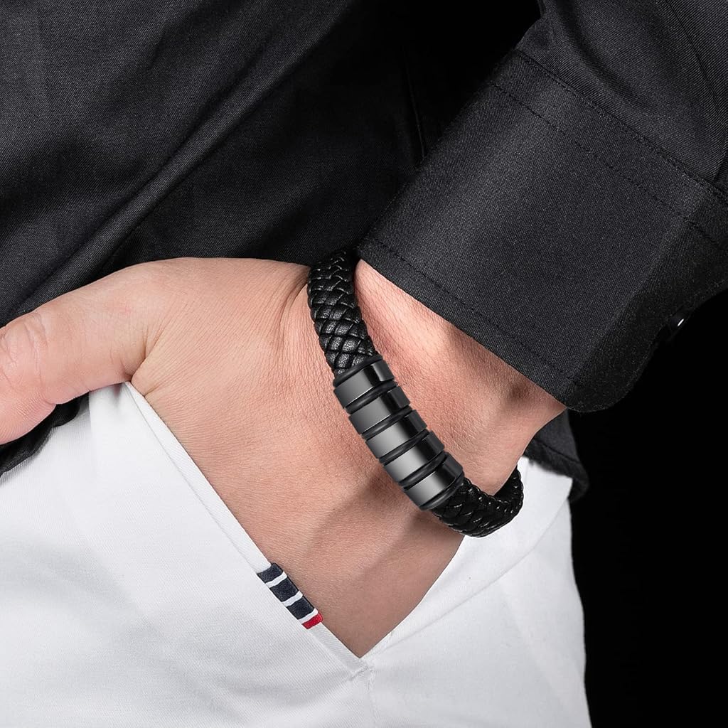 GUSTAVE Leather Bracelet for Men - Fashion Braided Wristband with Magnetic Closure - Versatile and Durable - Elegant Design for Casual and Formal Outfits, Gifts for Men