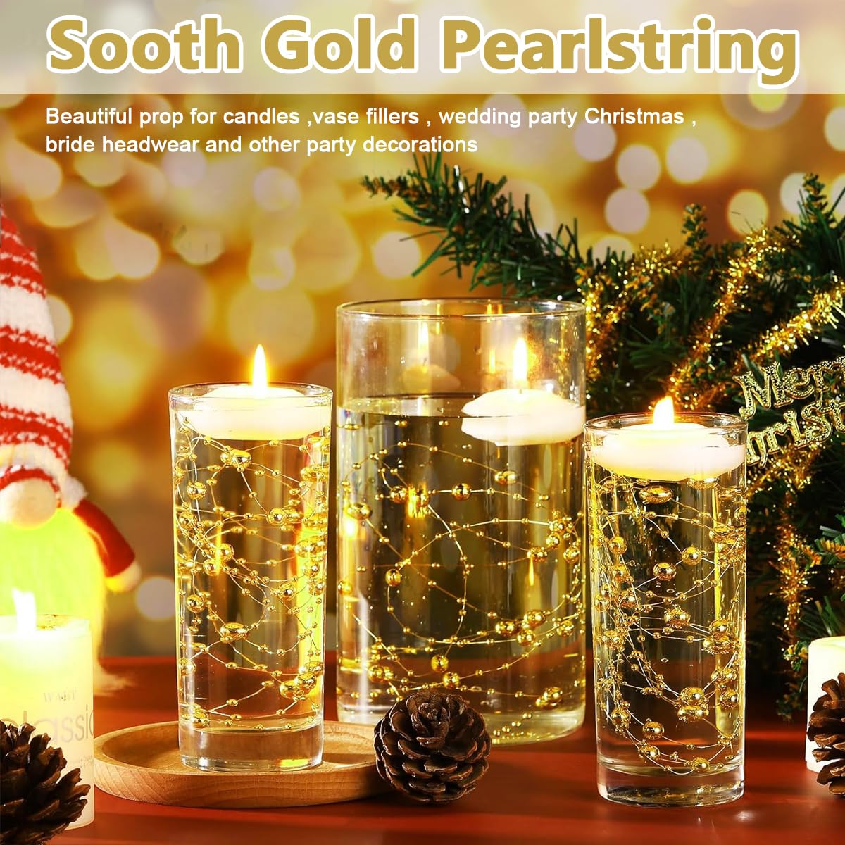 HASTHIP 25Pcs Pearl String for Floating Candles Centerpiece, Faux Pearl Beads Vase Filler for Wedding Table Décor, Gold