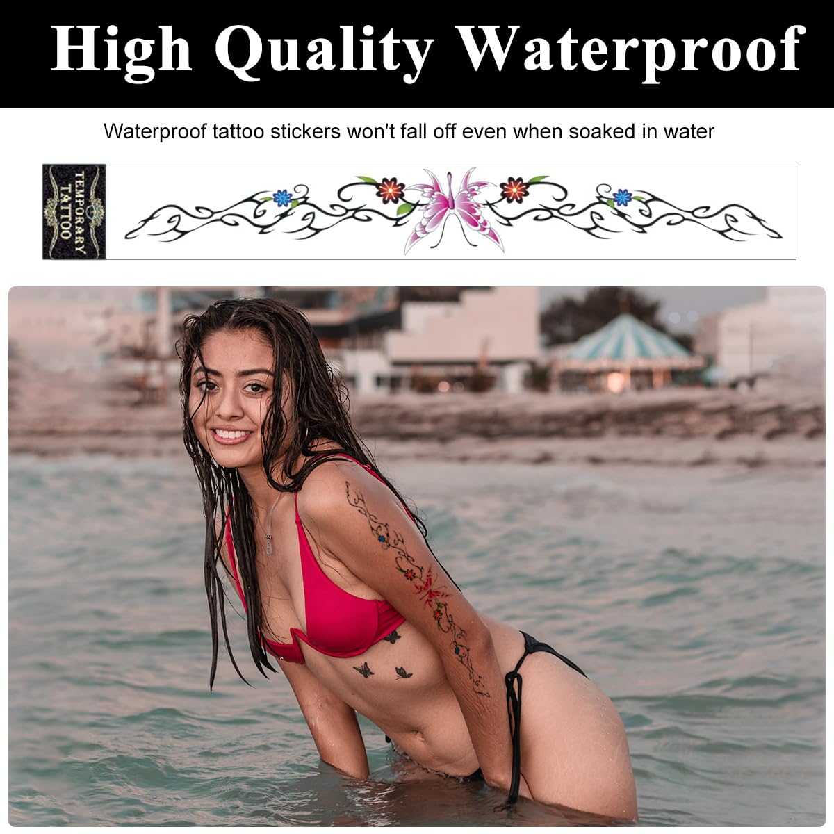 MAYCREATE 10Pcs Body Butterfly Tattoo Sticker, Belly Navel Flower Temporary Tattoo for Women Girls, Waterproof 42cm Long Abdomen Fake Tattoos for Waist Lower, Back, Arm, Thigh, Calf