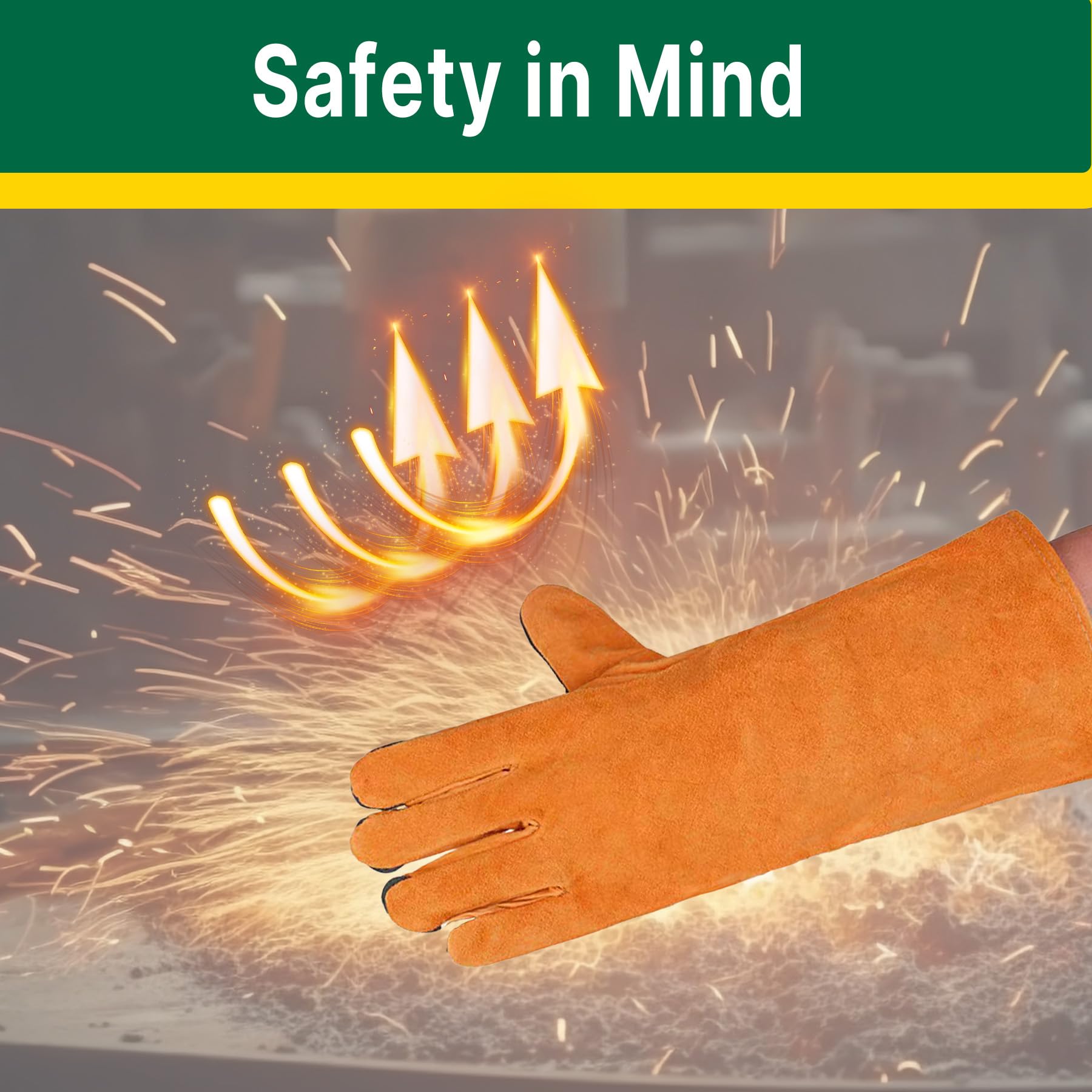 HASTHIP 14in Welding Gloves for Furnace/Tig Welder/BBQ, Heavy Duty Leather Industrial Gloves with Extra Padded Palm, Long Sleeve Heat Resistant Gloves, Heat/Fire Resistant
