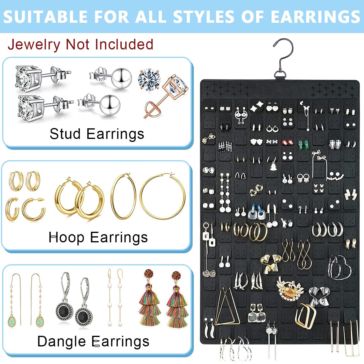HASTHIP Hanging Jewellery Organisers, Dual-Sided Necklace & Earrings Organizer, Large Felt Jewelry Organizer Hanger For Closet, Wall, Door - Holds Up To 300 Pairs Of Earrings And 30 Necklaces, Black