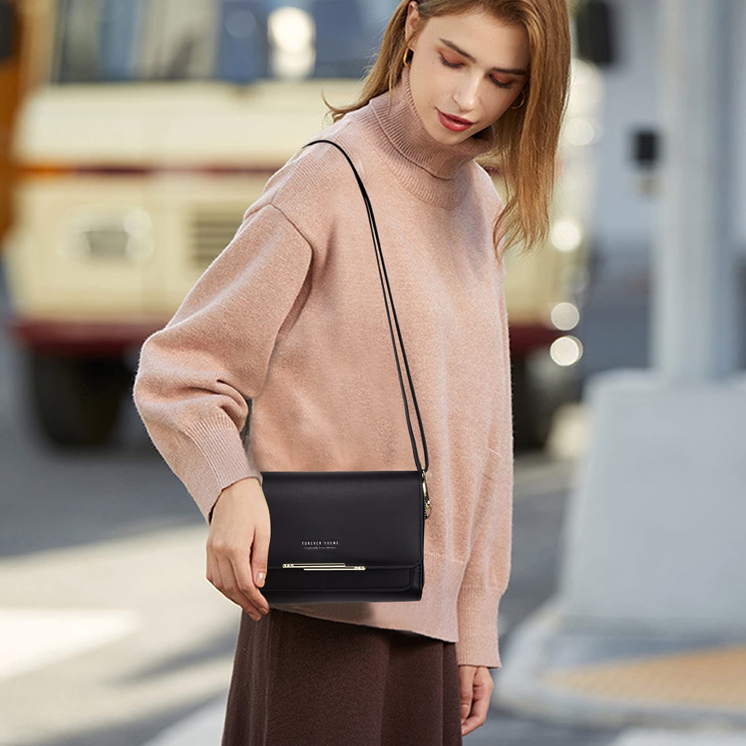 PALAY Crossbody Bag for Women Fashion Purse Bag Phone Sling Bag Black PU Crossbody Bag Shoulder Bag Small Double Layer Zipper Purse Bag Phone Bag