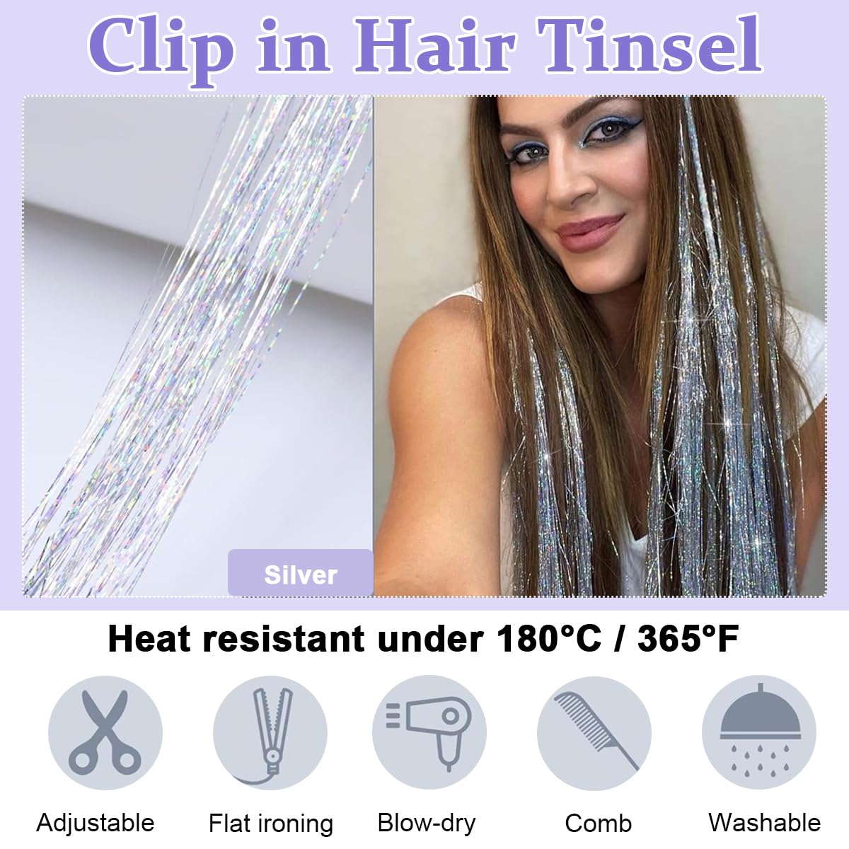 MAYCREATE 6pcs Hair Tinsel Hair Extensions for Women Girls Glitter Clip-in Fairy Hair Tinsels Sparkling Tinsel for Party Festival Cosplay - 20inch, Silver