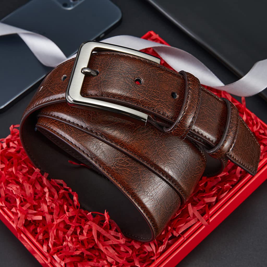 GUSTAVE Classic Leather Belt for Men, Slim Fashion Texture Leather Mens Belt with Single Prong Buckle Waist Belt for Work Business and Casual (Brown)