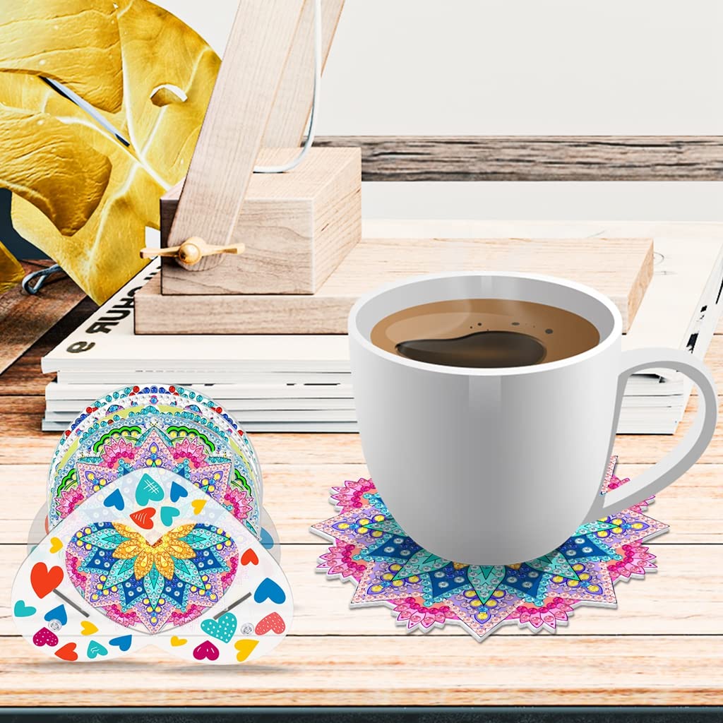 HASTHIP 8Pcs Diamond Painting Coasters with Holder, DIY Mandala Coasters Diamond Painting Kits for Beginners, Adults & Kids Art Craft