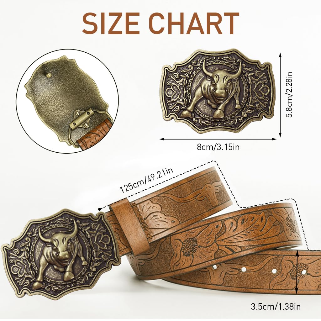 GUSTAVE Men's Belt Vintage PU Leather, Embossed Design with Alloy Bull Buckle, Durable & Stylish, 49 Inches Length, Gift for Men, Brown