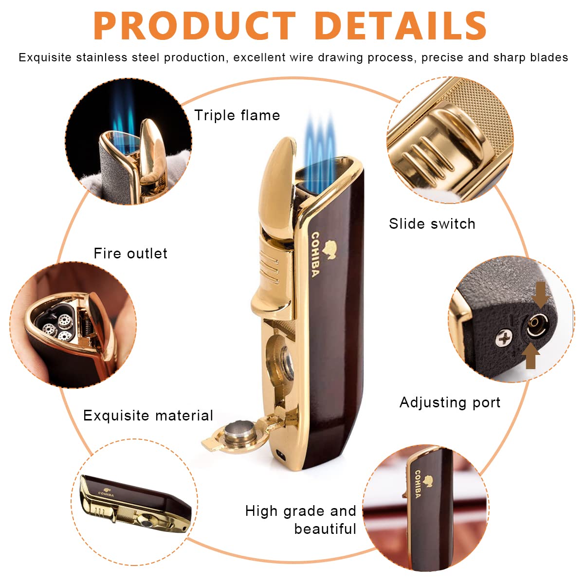 GUSTAVE 2Pcs Cigar Cutter Cigar Lighter Set, Stainless Steel Cigar Cutter, Refillable Butane Lighter with Adjustable Flame, Perfect Combo of Cigar Accessories for Men - Without Gas