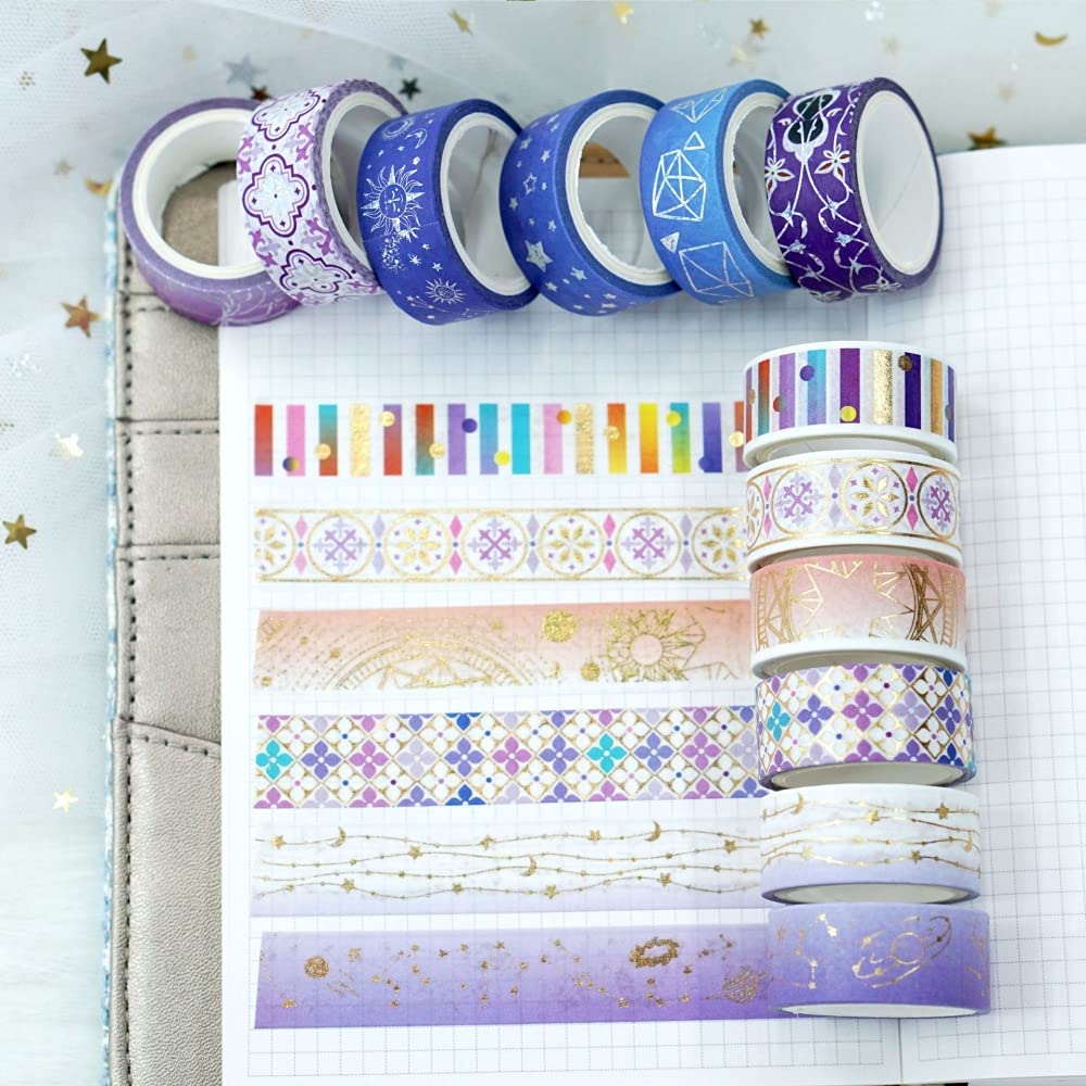 HASTHIP 12 Rolls Journal Tapes Cute Gold Foil Flower Decorative Masking Tape Scrapbooking Tape for DIY Art & Crafts and Gift Wrapping Holiday Decoration