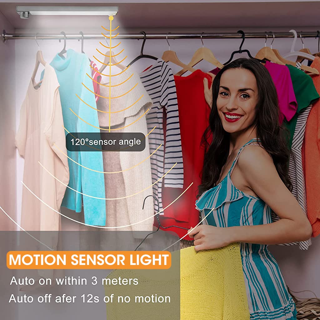 Verilux 128 LEDs Wireless Cabinet Light, 25cm Study Lamp with Stepless Dimming Wardrobe Light Sensor Closet Light Magnet Mounted LED Lights Ideal for Closet, Cabinet(USB Rechargable)