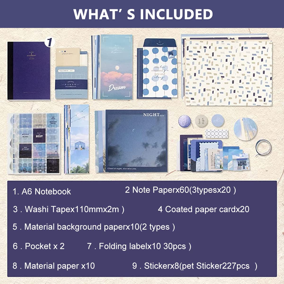 HASTHIP Scrapbooking Supplies Scrapbook Kit Gift Set Notebook Washi Tape Stickers Set Aesthetic Scrapbook Sticker Kit for Bullet Journal, Scrapbook, Junk Journal, DIY Craft, Wall Decor, Paper (Blue)