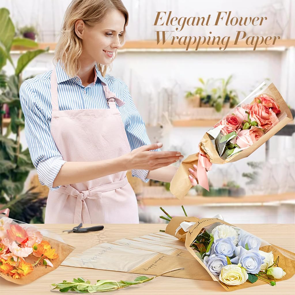 HASTHIP 20Pcs Flower Wrapping Paper Small Bouquets Wrapping Paper 17.3 Inches Brown Letter Print Packing Paper Art Craft Wrapping Paper for Small Bouquets