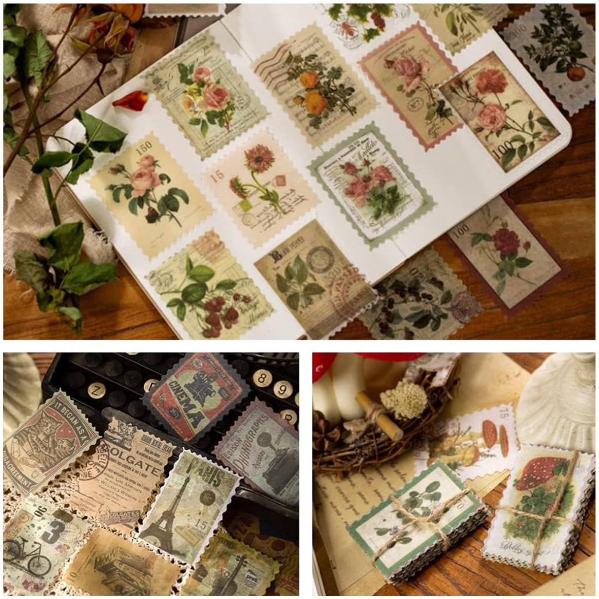 HASTHIP 240Pcs Vintage Postage Stamp Stickers, 120 Designs Aesthetic Botanical Deco Paper Sticker for Scrapbooking, Journaling Supplies, Planners, Kid DIY Art Crafts, Bullet Journal