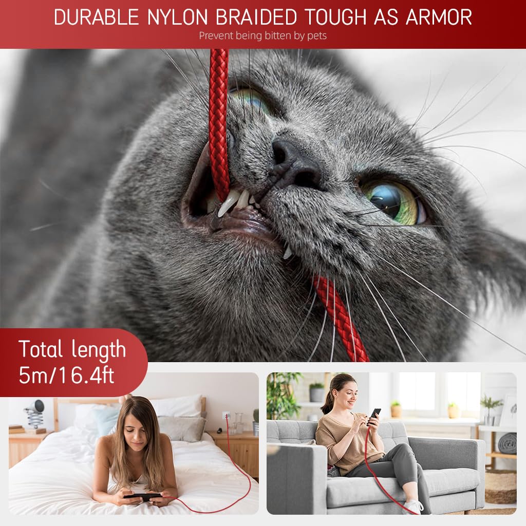 Verilux® 16.4ft Type C Charging Cable for iPhone 15 USB C 3.1 62W PD Data Sync Extra Long Nylon Woven for Phone Tablet PS5 Red 2PCS
