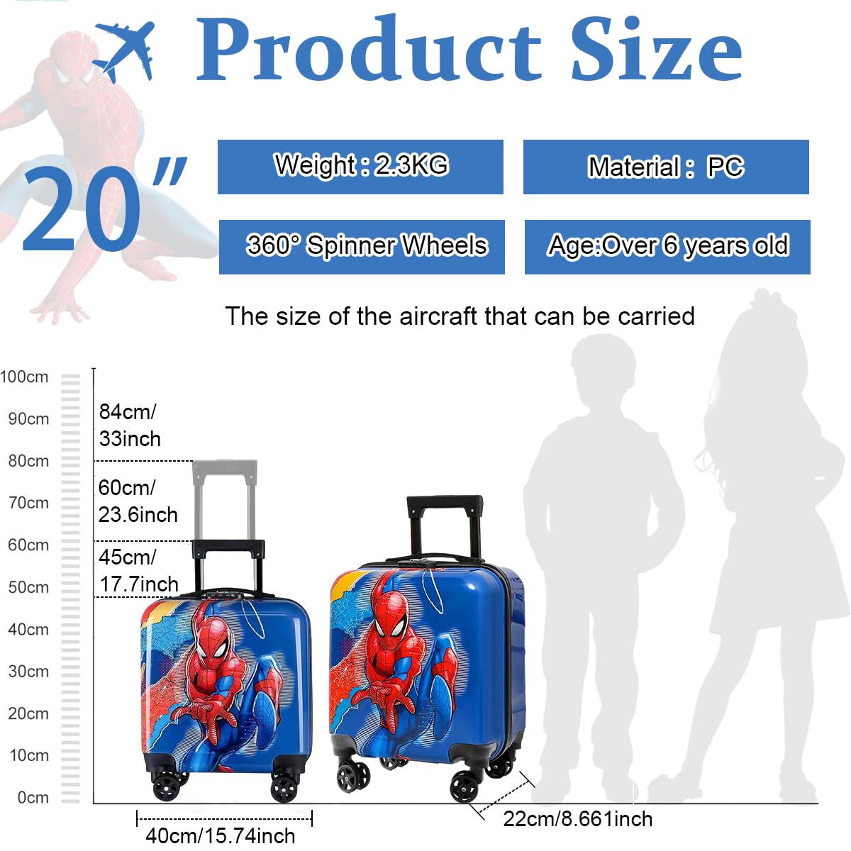PALAY Kids Travel Luggage 20'' Wheeled Luggage with Combination Password Lock Sturdy PC Travel Suitcase Cute Cartoon Spider Man Carry-on Wheeled Luggage Travel Roller Luggage School Gift for Students