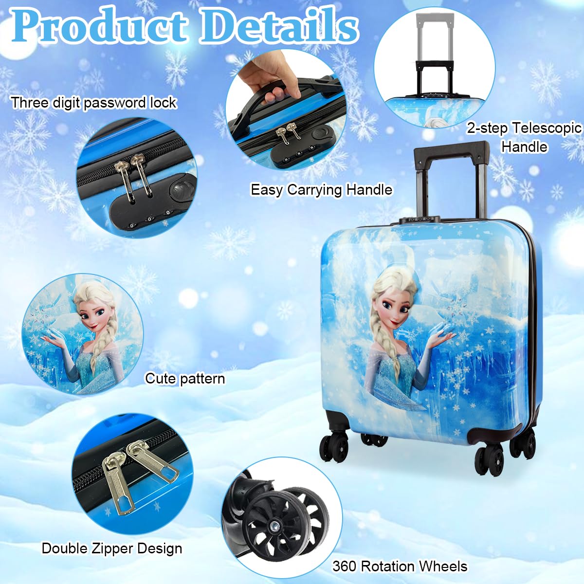 PALAY Kids Travel Luggage 20'' Wheeled Luggage with Combination Password Lock Sturdy PC Travel Suitcase Cute Cartoon Elsa Carry-on Wheeled Luggage Travel Roller Luggage School Gift for Students