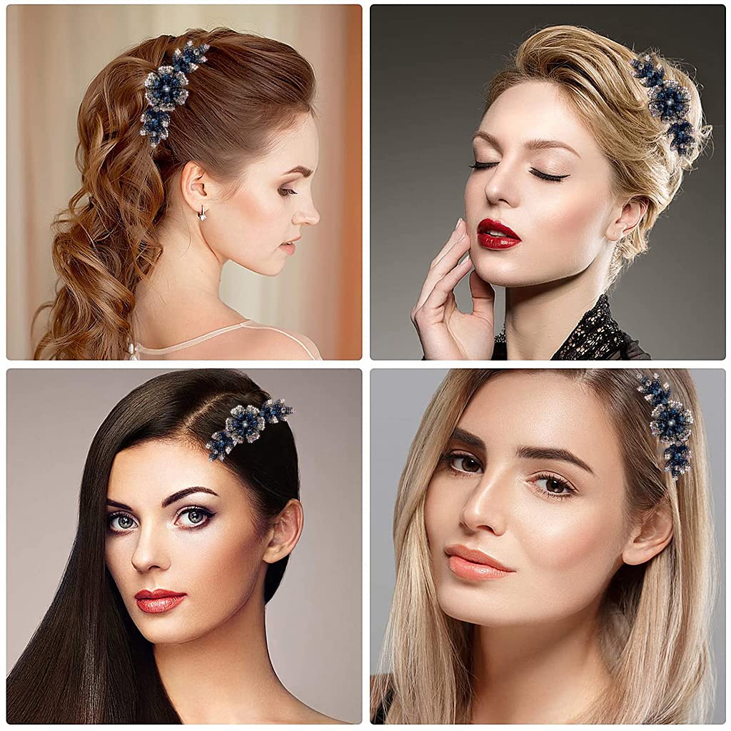 PALAY Flower Hair Clips for Women,Acrylic Hair Comb Pins Slide Hair Clips for Fashion Girls Crystal Barrettes Bridal Charm Hair Accessories(dark blue)