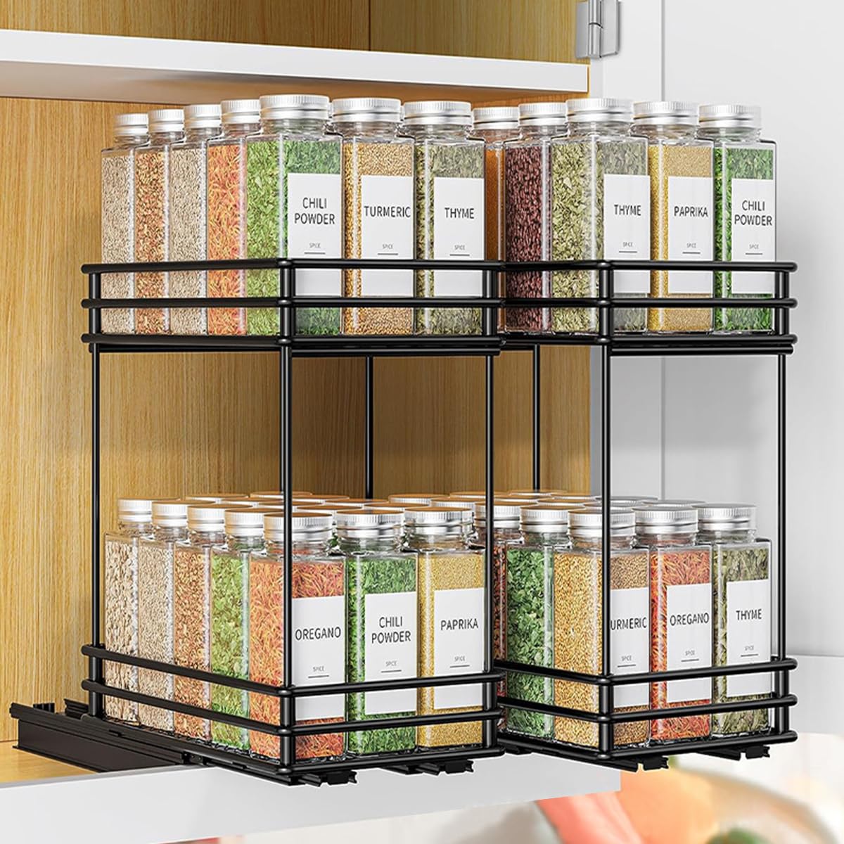 HASTHIP Kitchen Organizer Double Layer Seasoning Bottle Organizer Rack Pull Out Cabinet Organizer Rack Space Saving Seasoning Jar Organizer Holder for Countertop, Cabinet, Shelf, 26x15x21.8cm