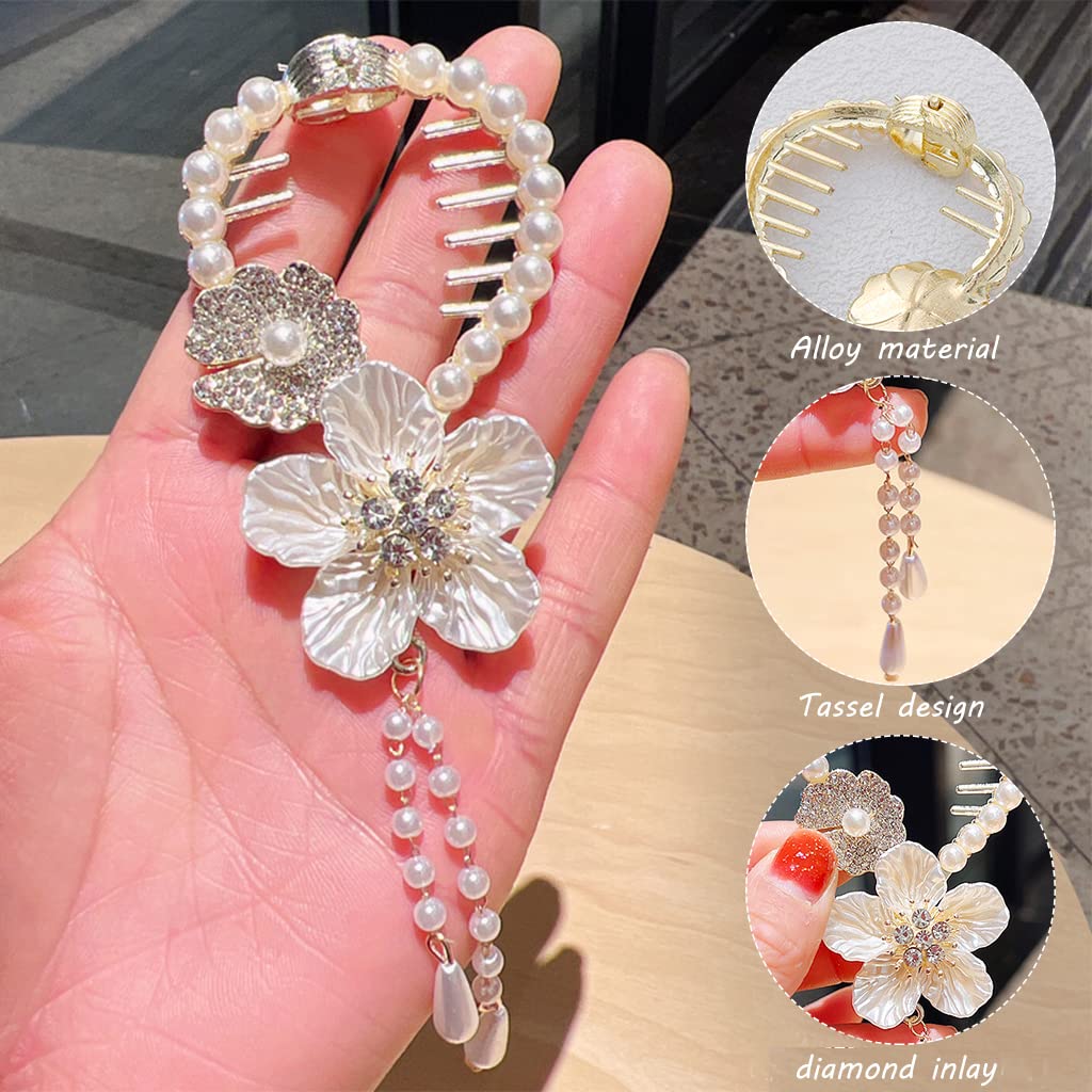 PALAY Tassel Hair Bun Accessories for Women, Pearl Flower Hair Bun Clips, Trendy Hairstyle Claw Hair Clips for Buns, Metal Rhinestone Bun Holder for Party or Daily Use