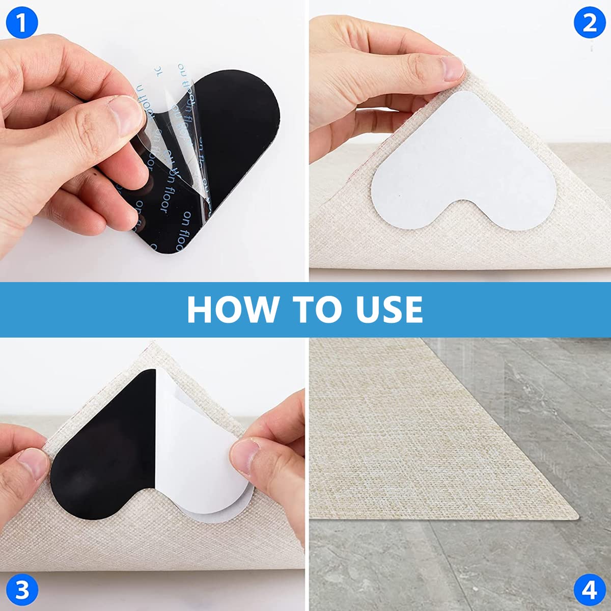 HASTHIP 12PCS Rug Corner Grippers, Double Sided Non Slip Reusable Rug Stopper, Washable Rug Tape for Hardwood Floors, Rug Gripper Stopper Rug Pad for Doormat, Carpet, Tapestry, Table Cloth, Heart