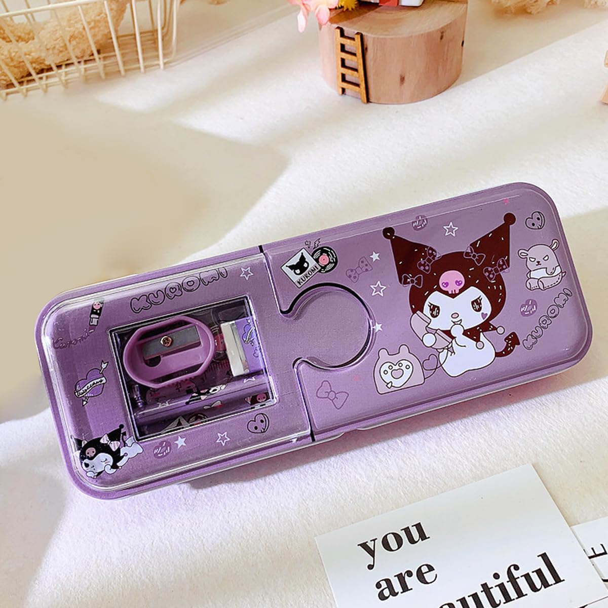 Climberty Kuromi Cartoon Pencil Box with Sharpener & Eraser - Double Layer Metal Purple Kuromi Pencil Box, Ideal for School & Birthday Gifts, Cartoon Pencil Childeren's Day Birthday Gift (Purple)
