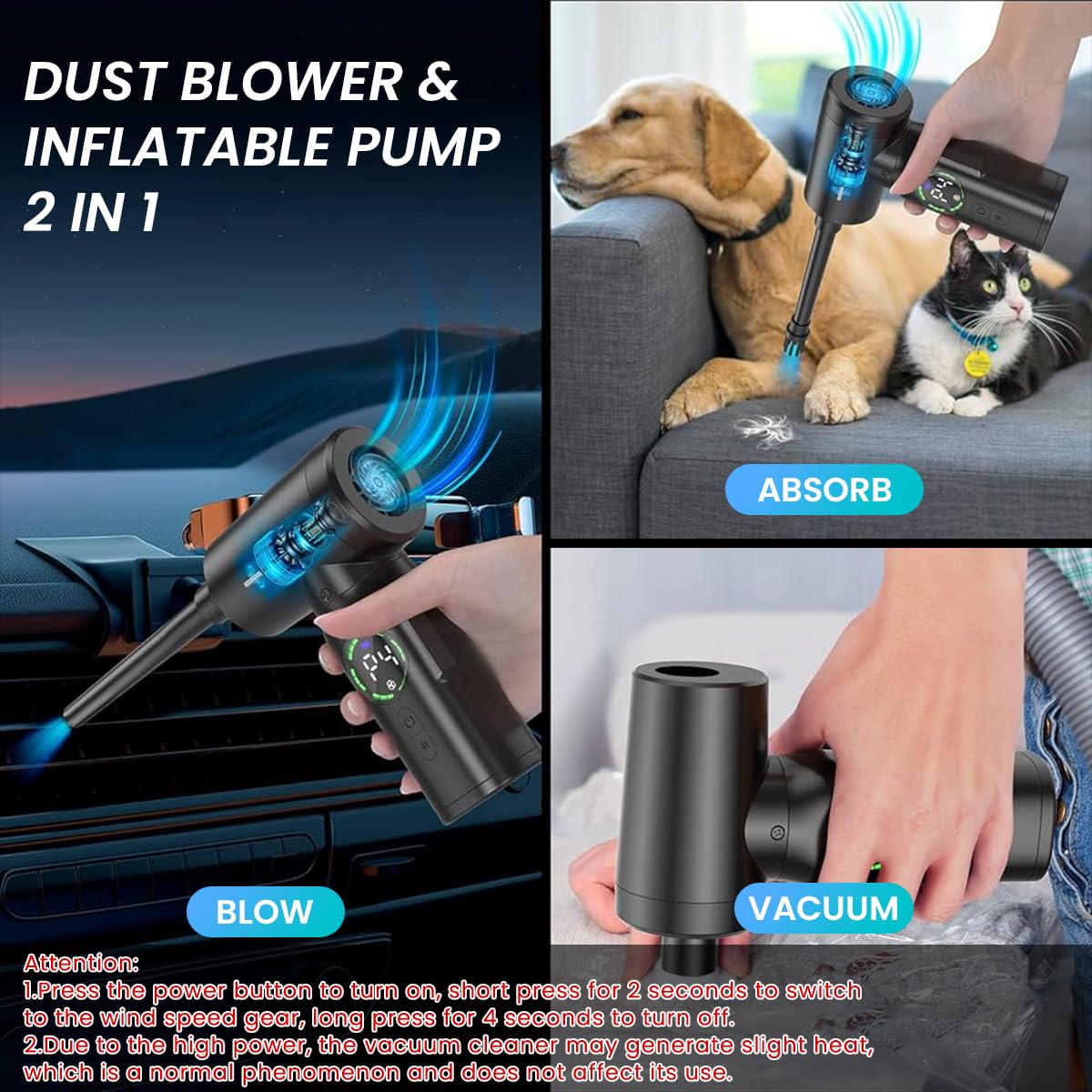 ZORBES Electric Dust Blower, Wireless Air Duster Car Vacuum Cleaner, 2 in 1 Electric Air Blower with LCD Digital Display, 120W USB Cordless Air Blower with LED and Interchangeable Nozzles for Home, Computer