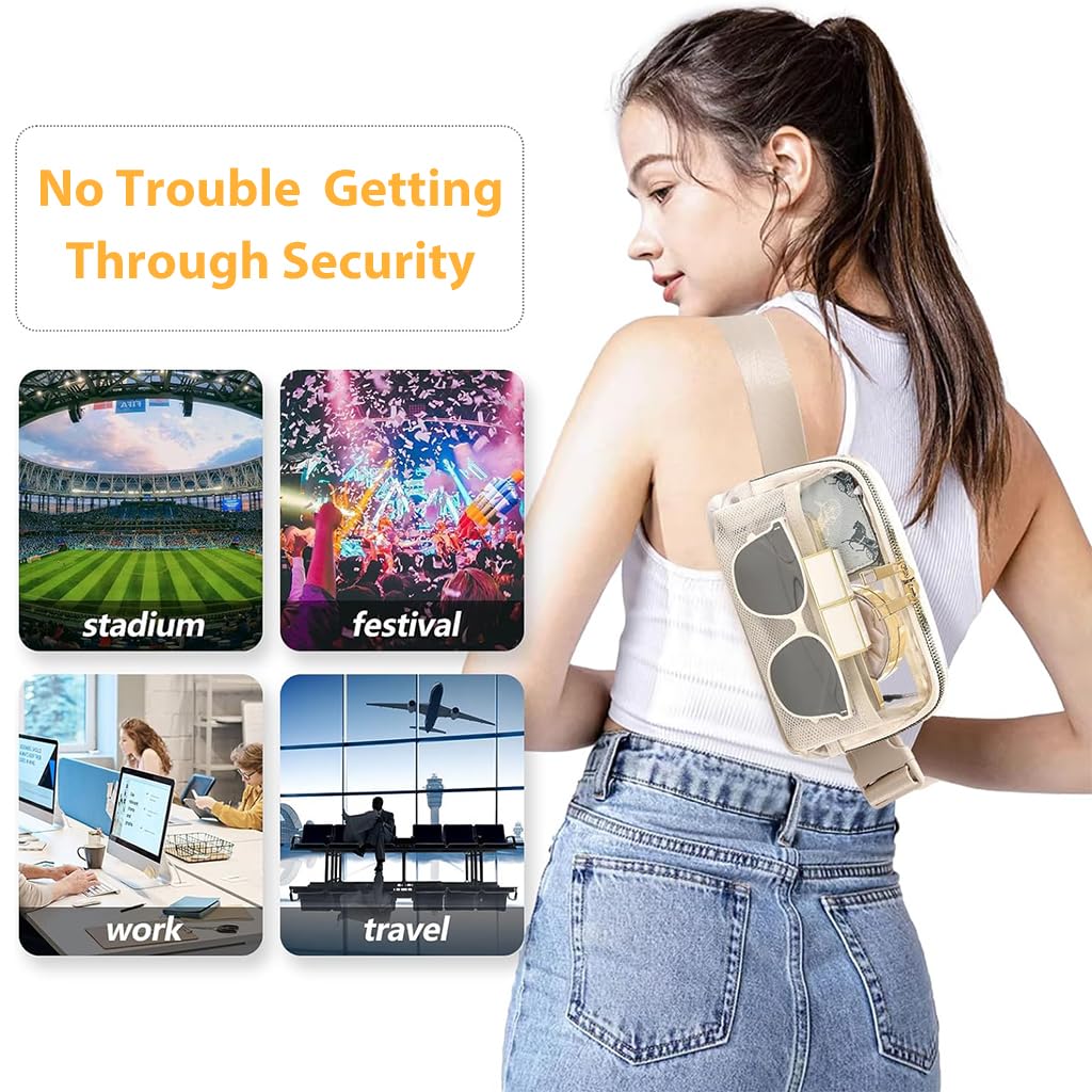 Proberos Belt Bag Stadium Approved for Women Men with Adjustable Strap Water-resistant Waist bag Clear Purse for Travel Workout Running Hiking(Beige)