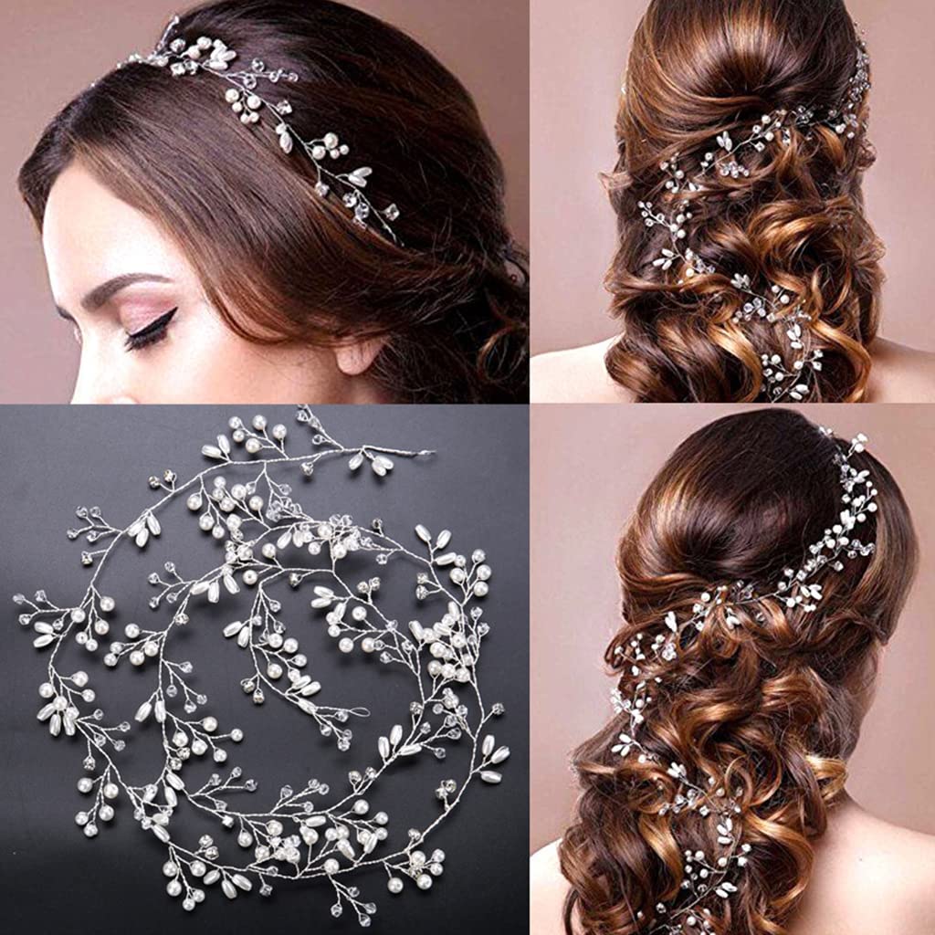 SANNIDHI 5Pcs Bridal Hair Accessories Set Hair Pins for Women, Pearl Metal Wedding Hair Vine Crystal Beaded Hair Piece for Bride, Bridesmaids, Anniversary