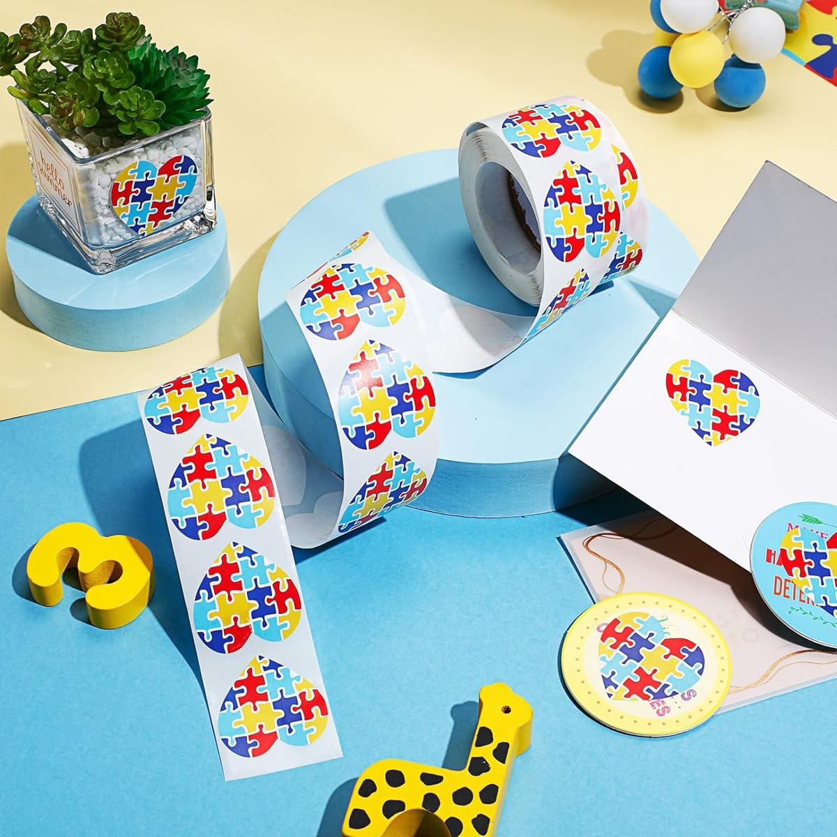 HASTHIP 500Pcs Heart-Shaped Autism Stickers - Colorful Puzzle Self-Adhesive Labels for Events, Gifts & Packaging, Envelope Tab Sealer Autism Awareness Gifts for Women Men Kids Teen
