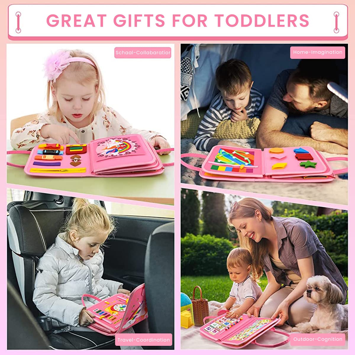 PATPAT Busy Board for Toddlers 2-4 Montessori Toys for Toddlers Preschool Life Skill Learning Toy Fine Motor Silll Learning Game Board, Rainbow Unicorn Travel Busy Board Toy Gift for Kids