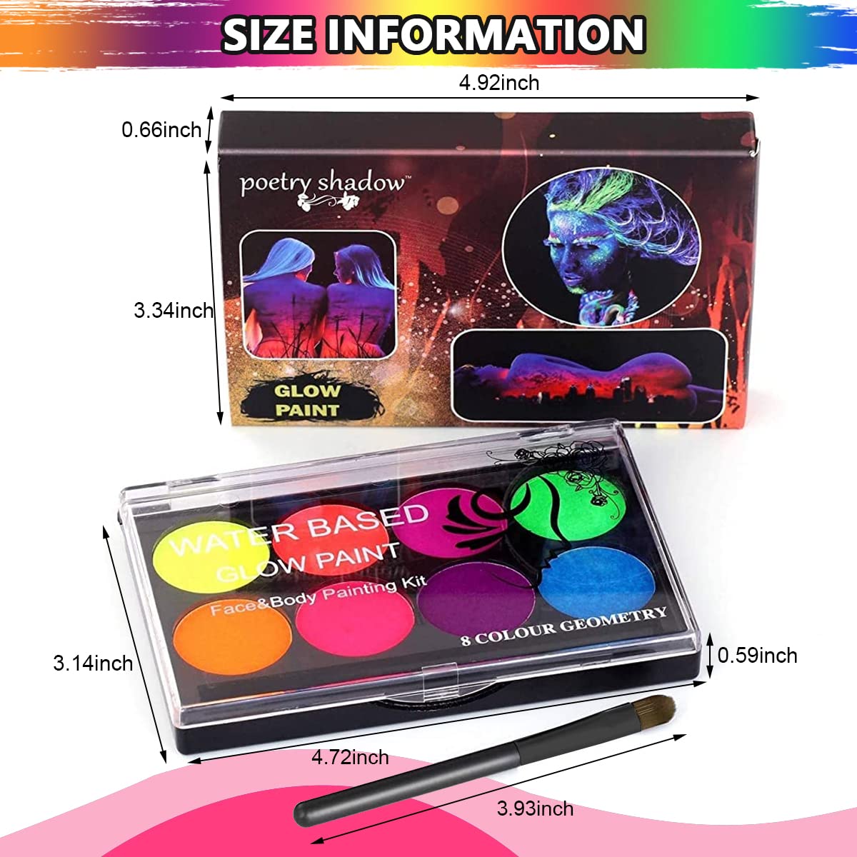 HASTHIP Face Paint Glow In The Dark Face Body Paint, 8 Neon Colors Glow In Dark Makeup Water Based Paint with Painting Brush Non-Toxic Washable for Kids Adult, Halloween Costume Masquerades