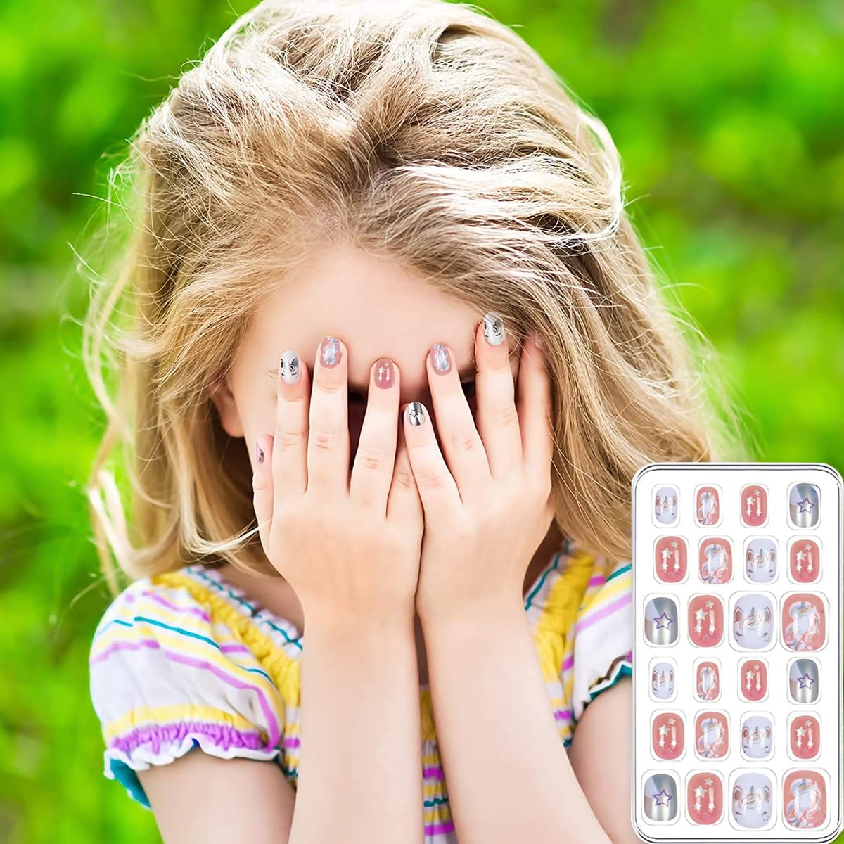 MAYCREATE 72pcs Kids Press-On Gel Nails Cute Cartoon False Nail Press on Fake Nails Full Cover Press On False Nails for Girls Party Favor Gift Press-on Nail for Girls
