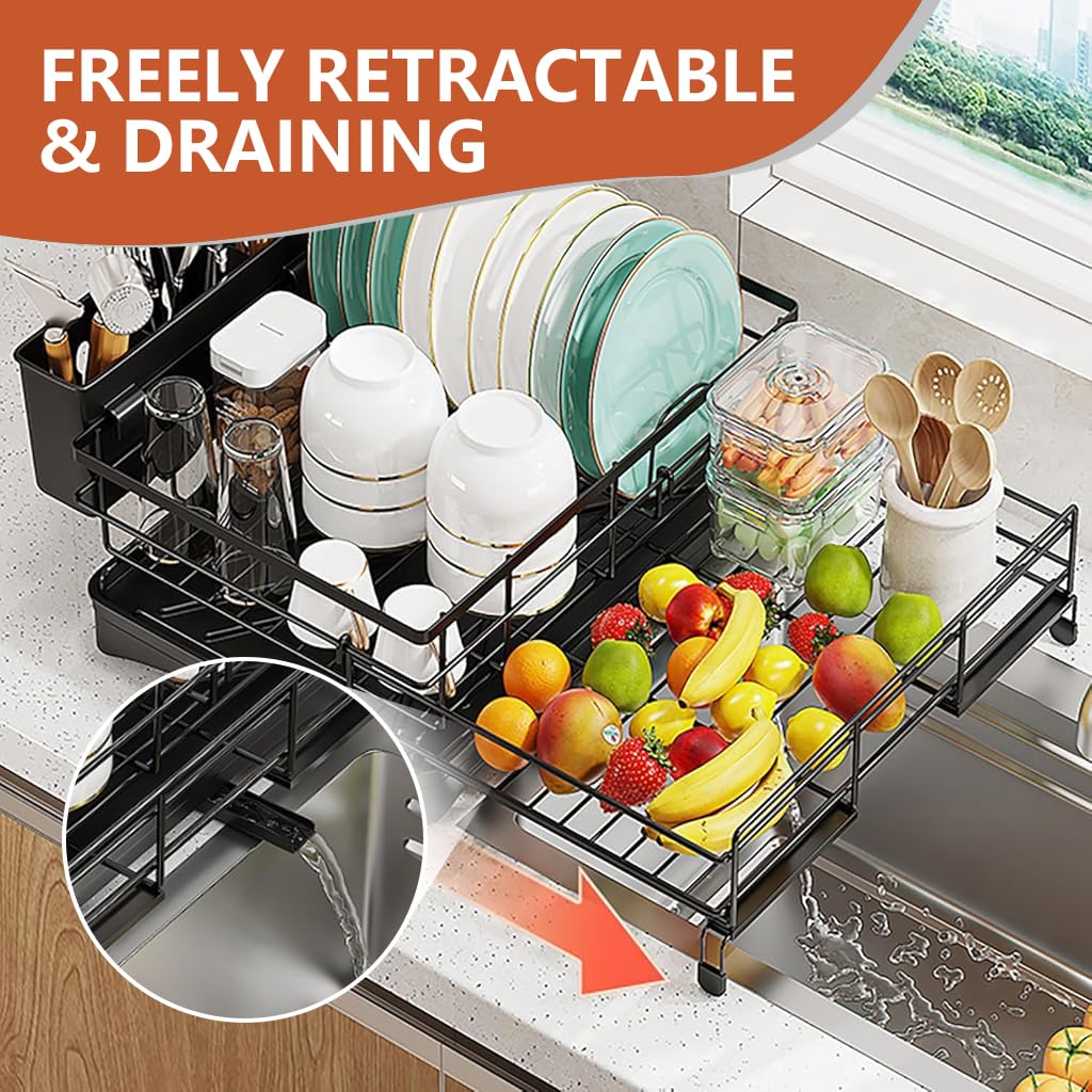 HASTHIP Large Metal Dish Drying Rack with Expandable Cutlery Holder and Drip Tray, Multi-Functional Kitchen Organizer, Telescopic Tableware Holder Organizer for Dish, Bowl, Tableware