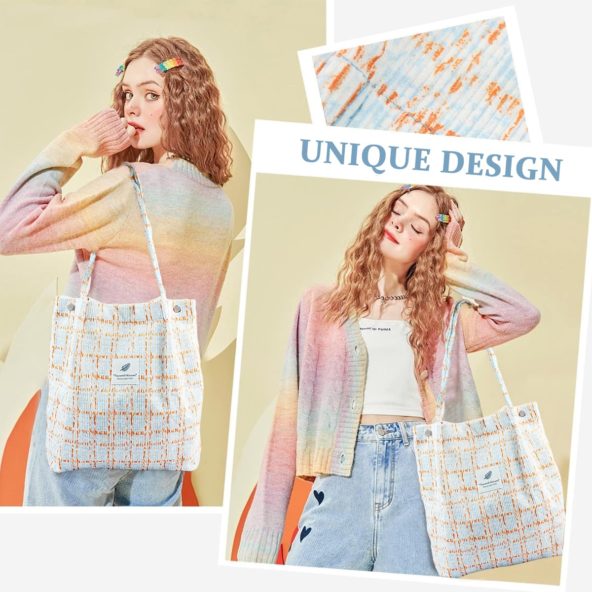 PALAY Tote Bag Stylish Corduroy Plaid Print Hand Bag for Women Shoulder Bag for Shopping, Commuting, Shopping Bag, Large Grocery Bag